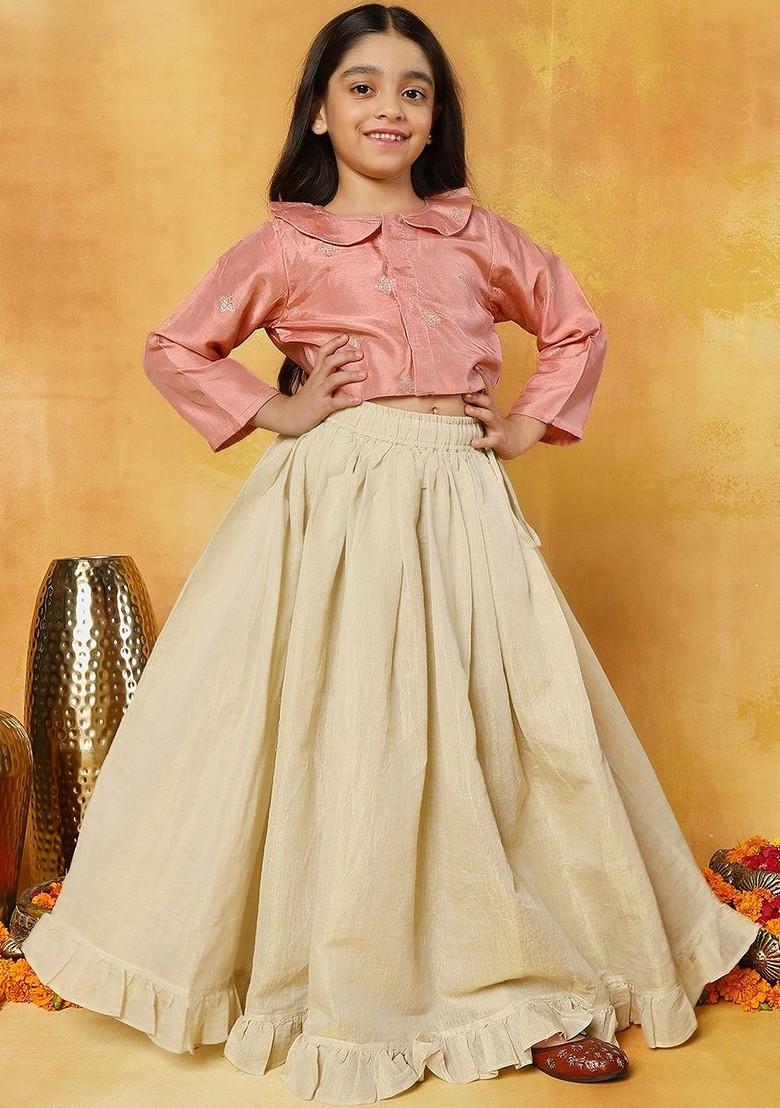 Peach Embroidered Blended Lehenga Choli For Girls - Indya