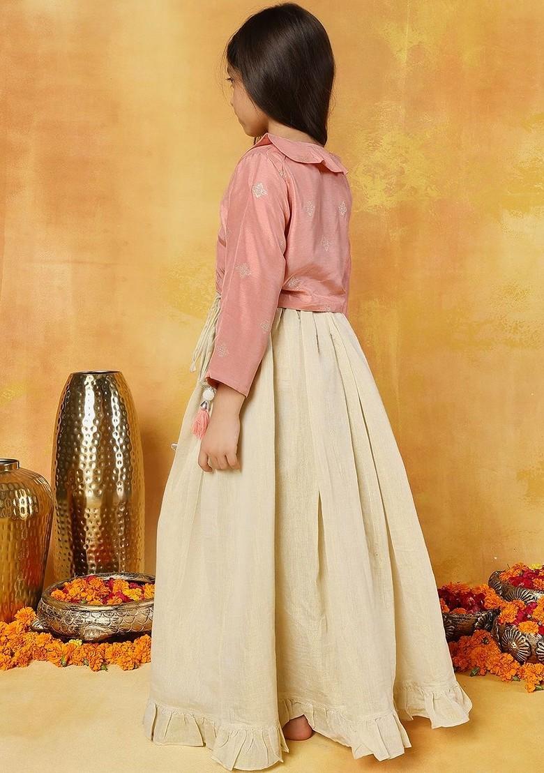 Peach Embroidered Blended Lehenga Choli For Girls - Indya