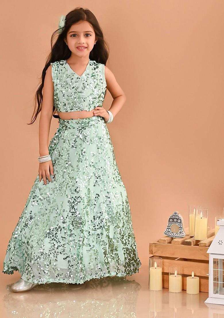 Green Embellished Blended Lehenga Choli For Girls - Indya