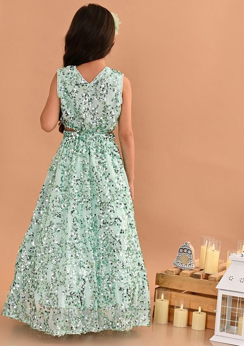 Green Embellished Blended Lehenga Choli For Girls - Indya