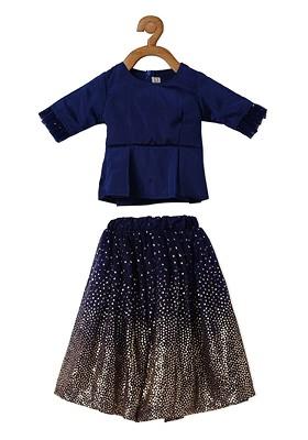 Navy Blue Embroidered Blended Lehenga Choli For Girls