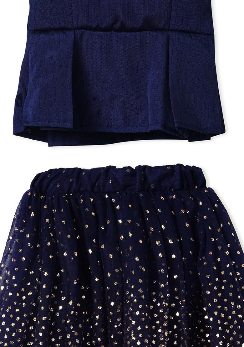 Navy Blue Embroidered Blended Lehenga Choli For Girls - Indya