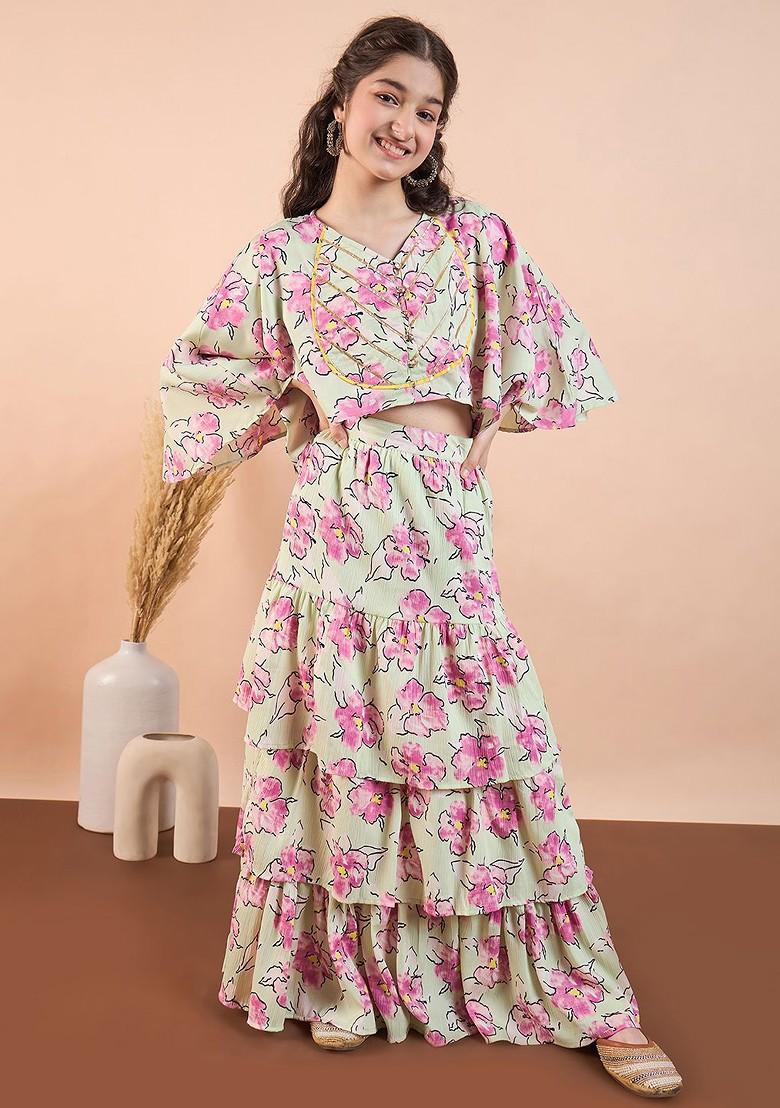 Green Printed Blended Lehenga Choli For Girls - Indya