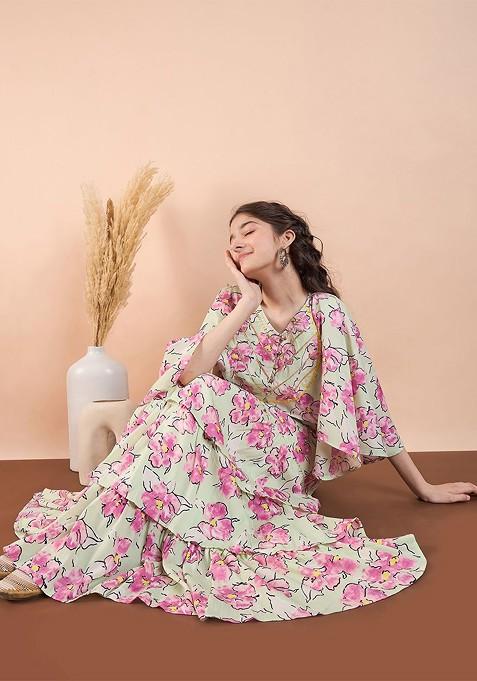 Green Printed Blended Lehenga Choli For Girls — view on Indya