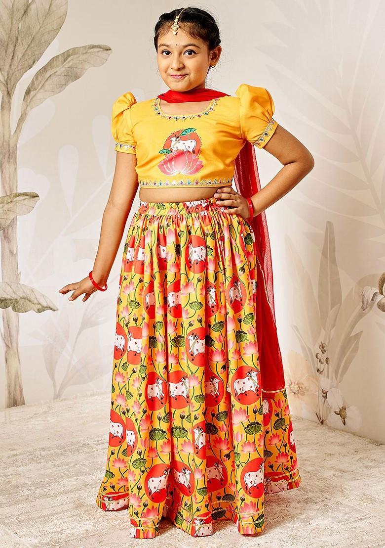 Mustard Embroidered Blended Lehenga Choli For Girls - Indya
