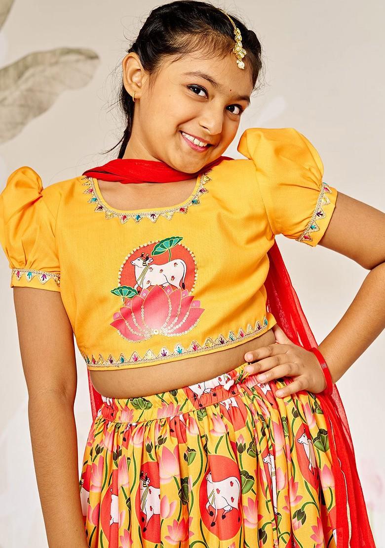 Mustard Embroidered Blended Lehenga Choli For Girls - Indya