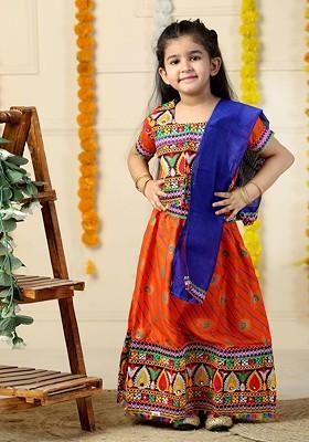 Orange Embroidered Cotton Blend Lehenga Choli For Girls