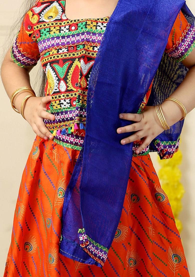 Orange Embroidered Cotton Blend Lehenga Choli For Girls - Indya