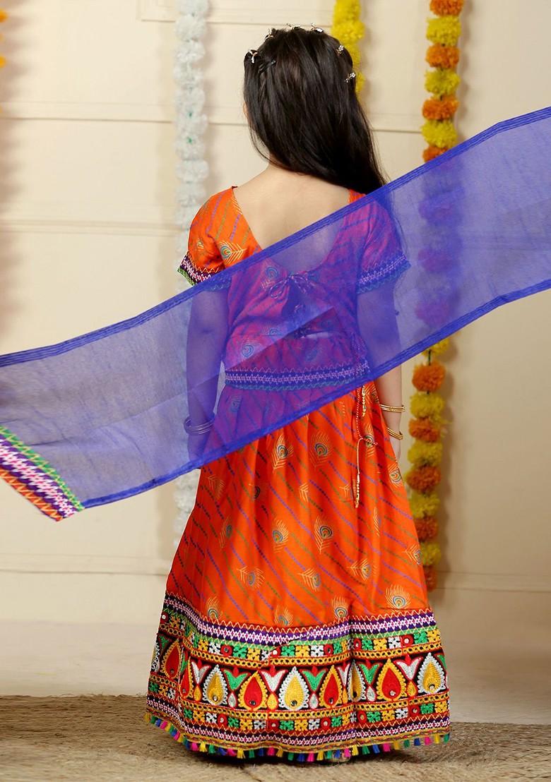 Orange Embroidered Cotton Blend Lehenga Choli For Girls - Indya
