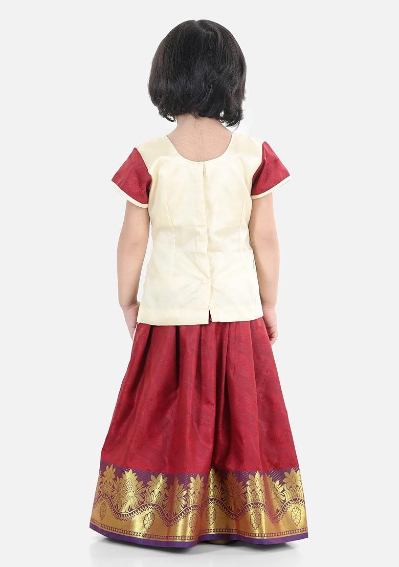 Cream Embroidered Cotton Blend Lehenga Choli For Girls - Indya