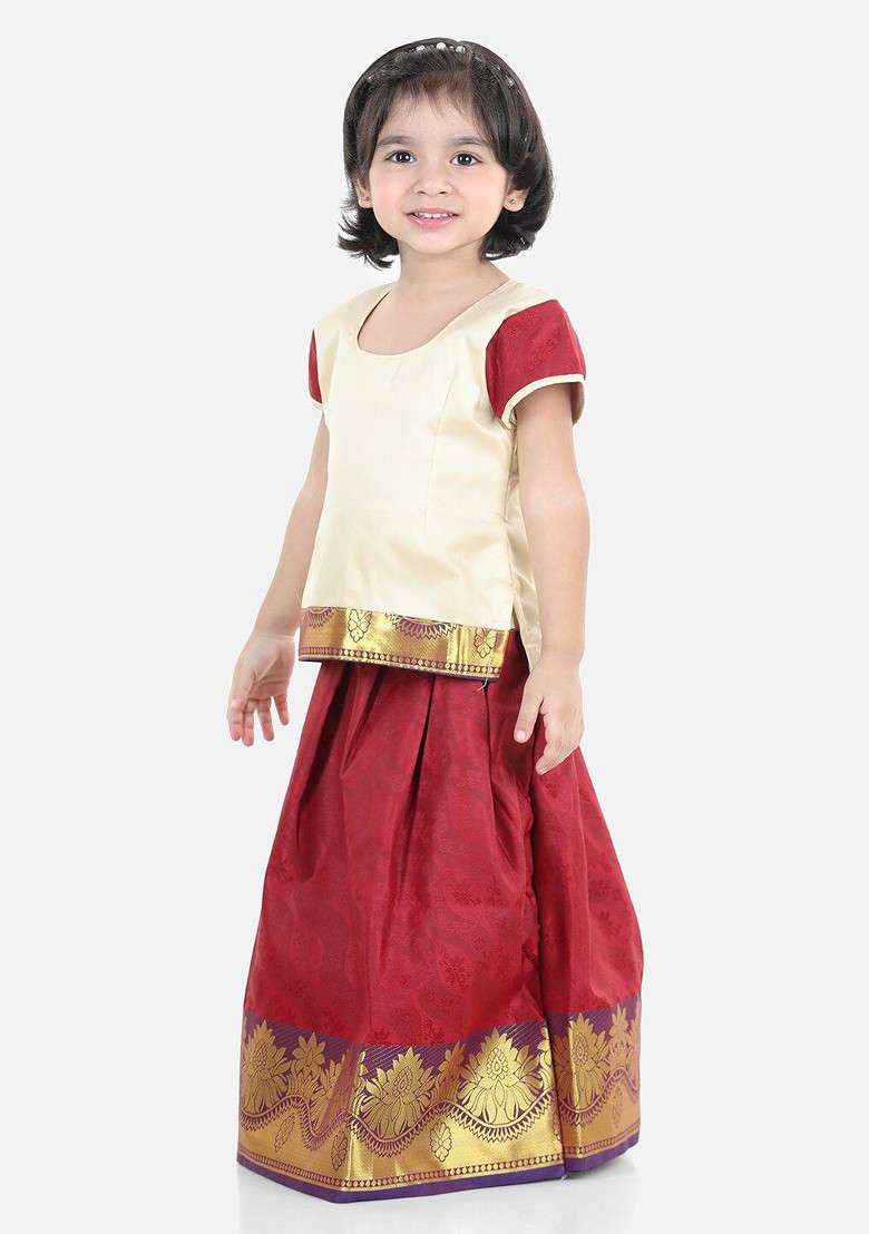 Cream Embroidered Cotton Blend Lehenga Choli For Girls - Indya
