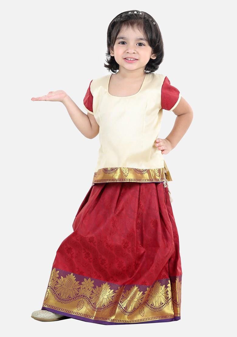 Cream Embroidered Cotton Blend Lehenga Choli For Girls - Indya