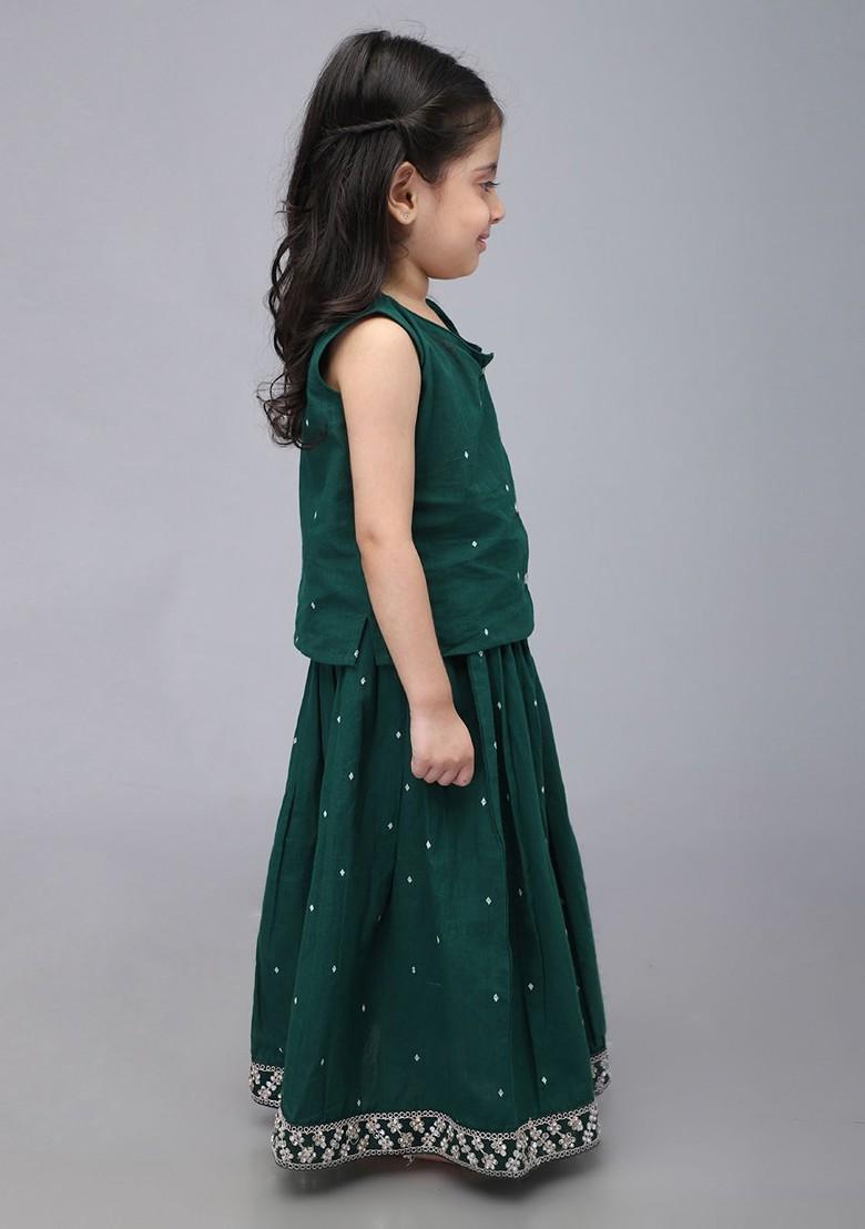 Green Printed Blended Lehenga Choli For Girls - Indya