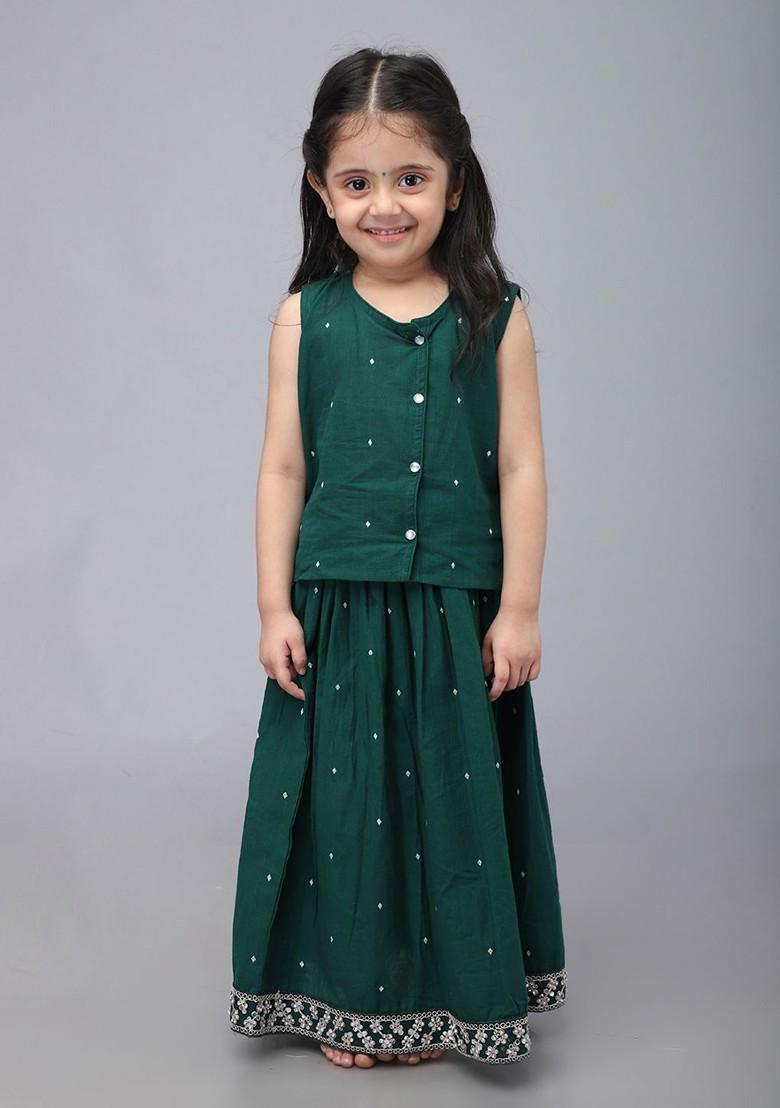 Green Printed Blended Lehenga Choli For Girls - Indya