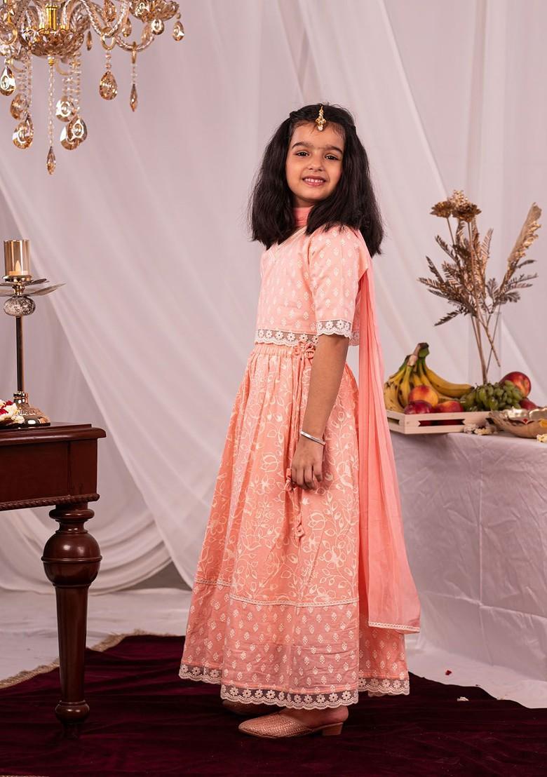 Pink Embroidered Cotton Blend Lehenga Choli For Girls - Indya