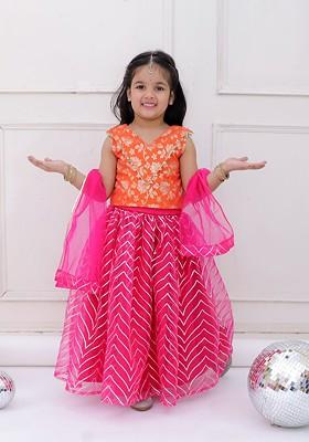Orange Zari Blended Lehenga Choli For Girls