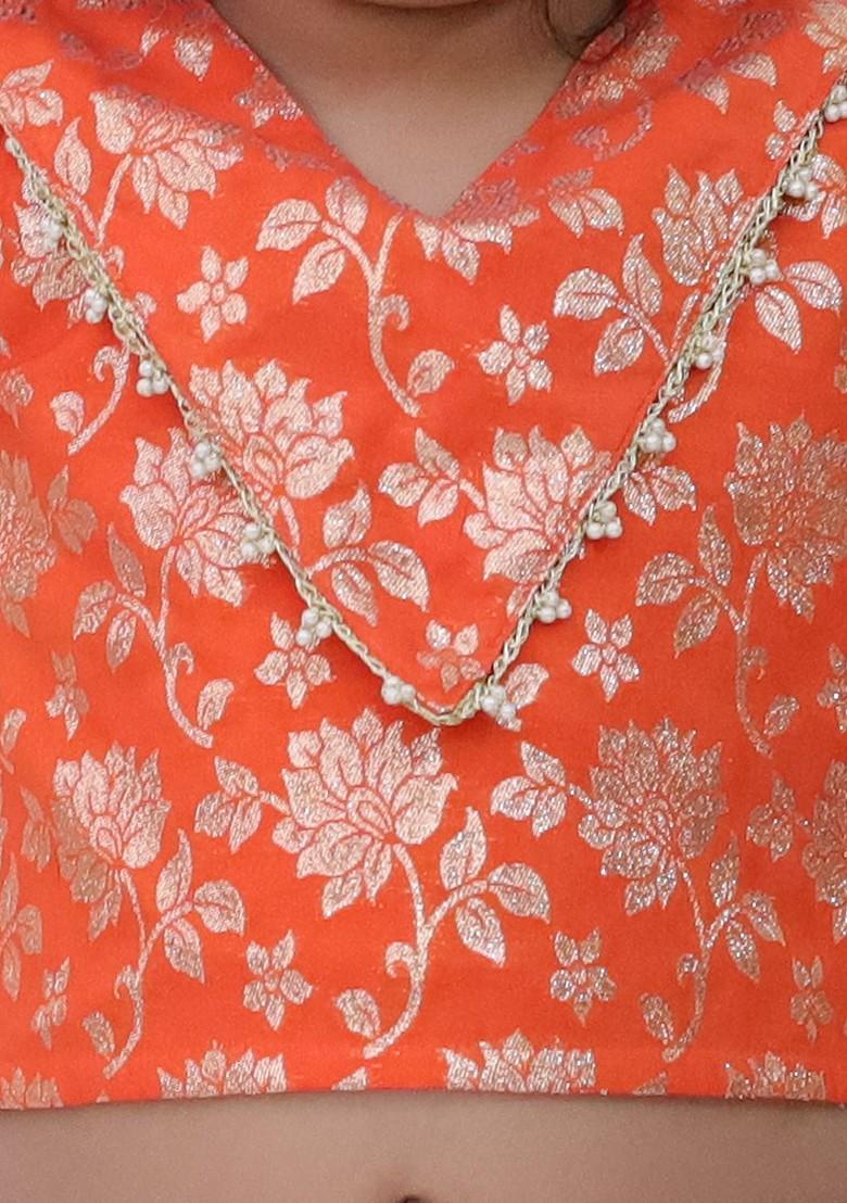 Orange Zari Blended Lehenga Choli For Girls - Indya