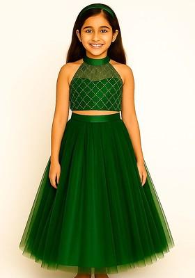 Green Embroidered Blended Lehenga Choli For Girls