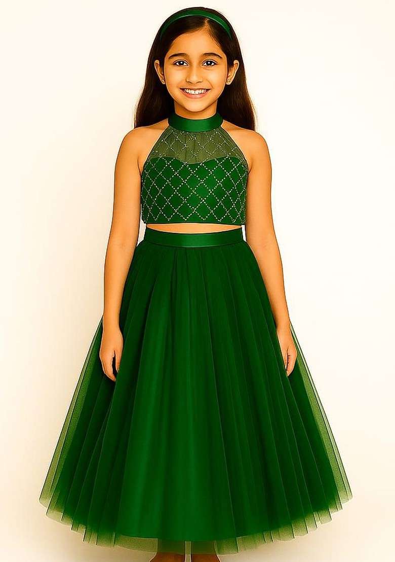 Green Embroidered Blended Lehenga Choli For Girls - Indya