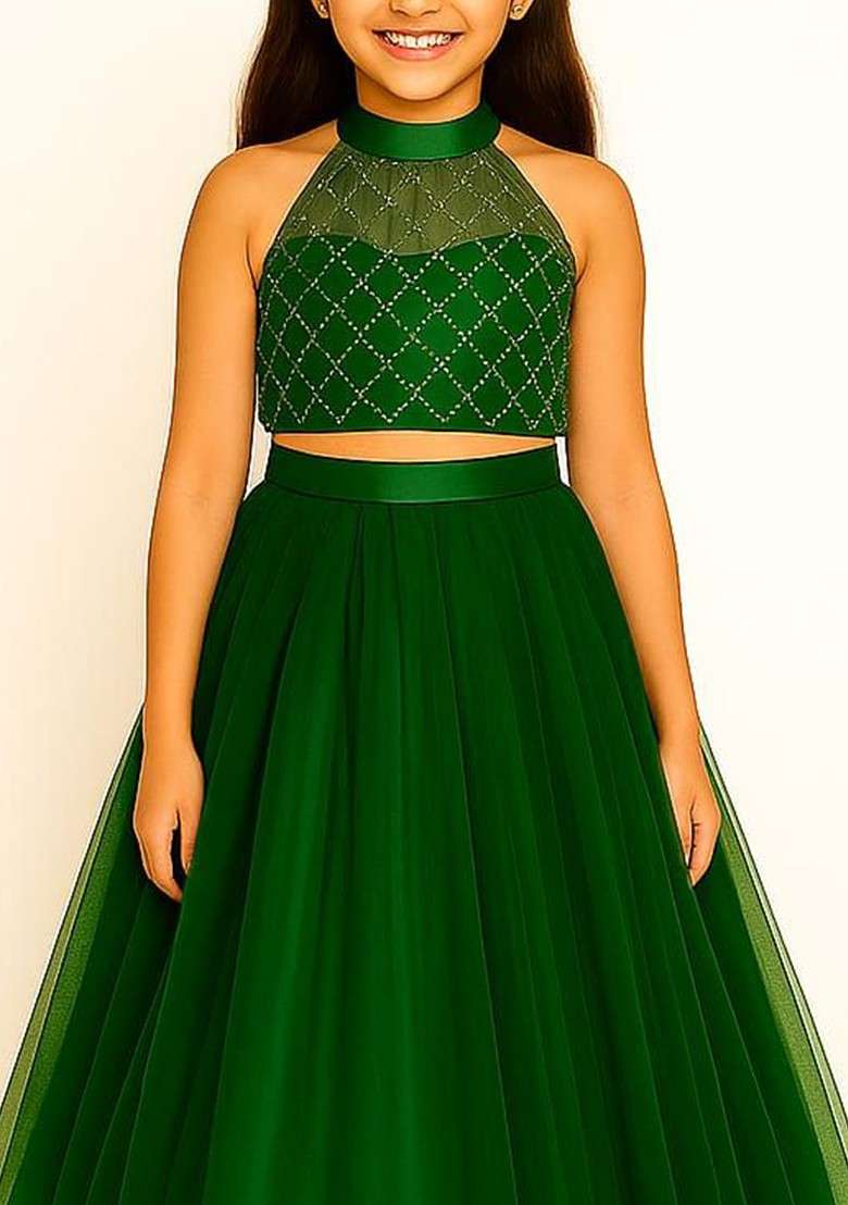 Green Embroidered Blended Lehenga Choli For Girls - Indya