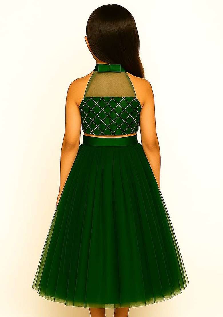 Green Embroidered Blended Lehenga Choli For Girls - Indya
