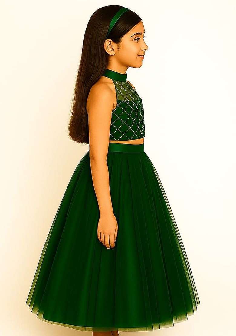 Green Embroidered Blended Lehenga Choli For Girls - Indya