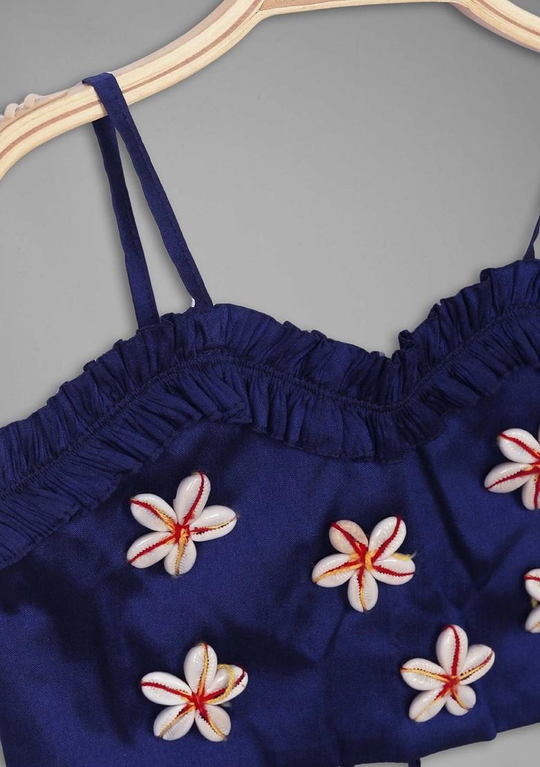 Navy Blue Embroidered Blended Lehenga Choli For Girls - Indya