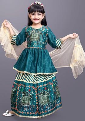 Green Printed Blended Lehenga Choli For Girls