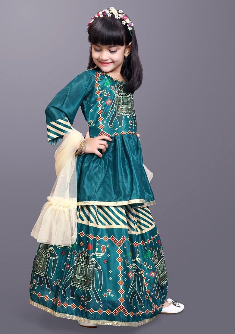 Green Printed Blended Lehenga Choli For Girls - Indya