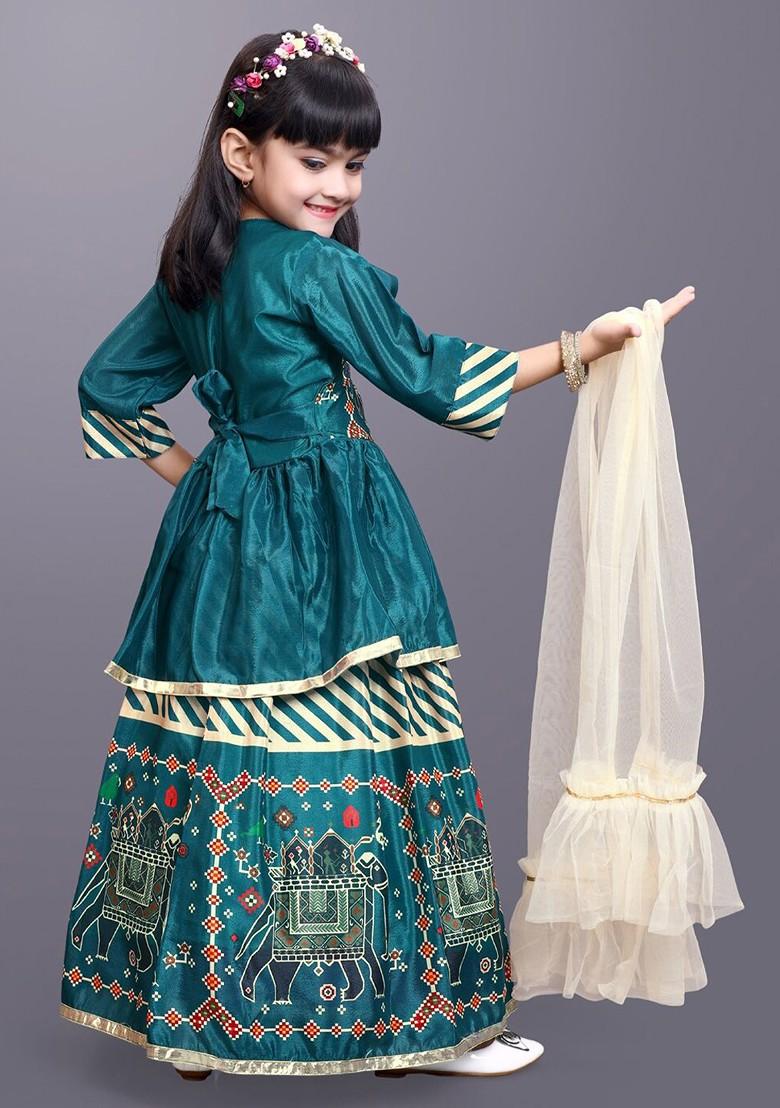 Green Printed Blended Lehenga Choli For Girls - Indya