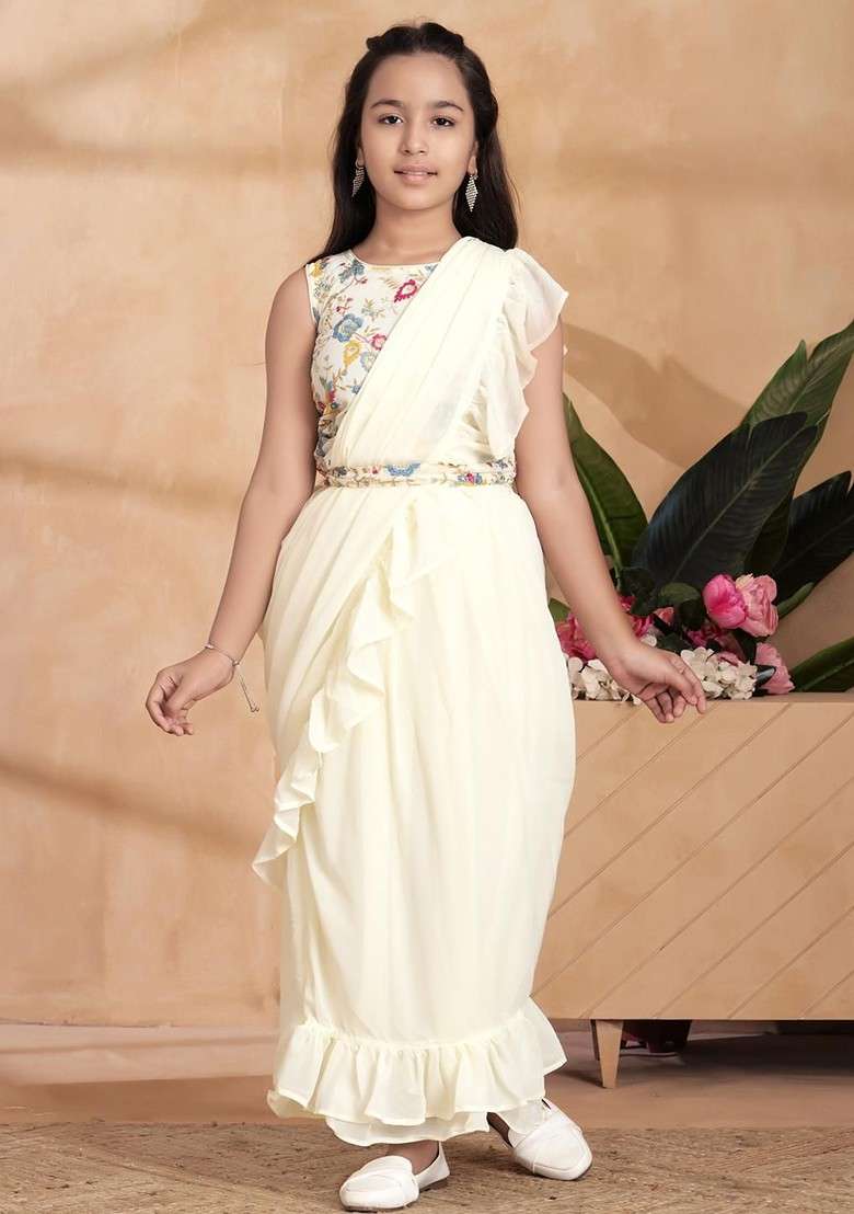 Cream Embroidered Georgette Lehenga Choli For Girls - Indya