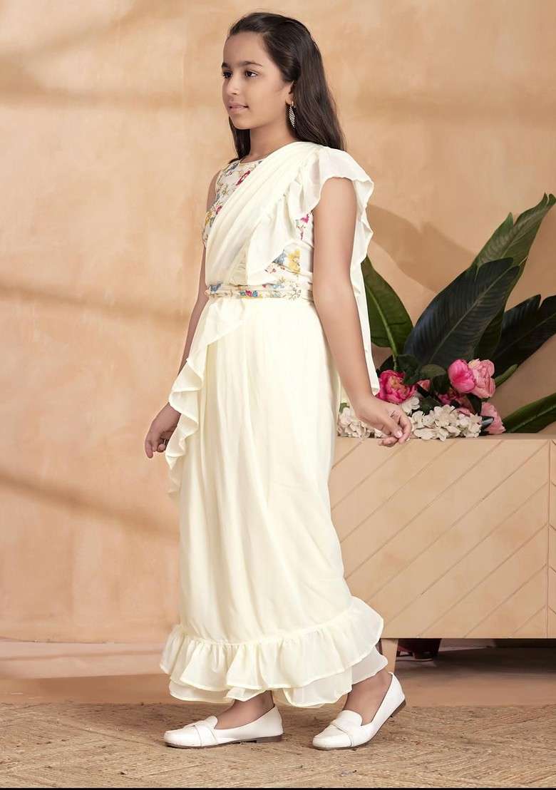 Cream Embroidered Georgette Lehenga Choli For Girls - Indya