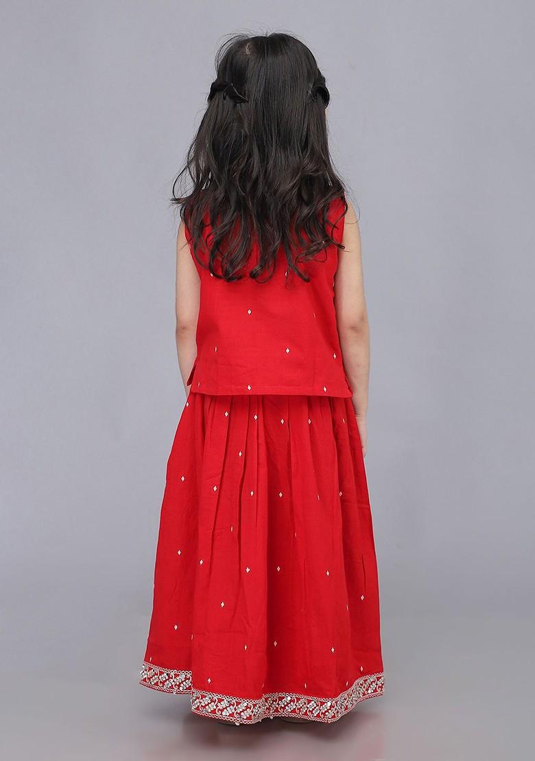 Red Printed Blended Lehenga Choli For Girls - Indya