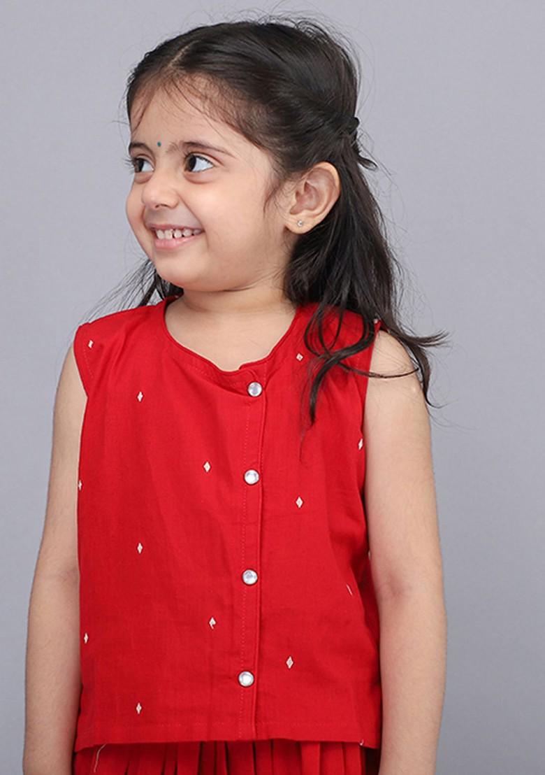 Red Printed Blended Lehenga Choli For Girls - Indya