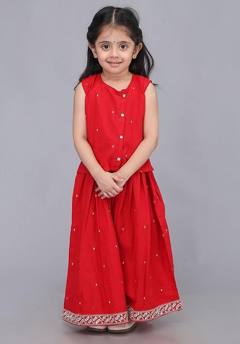 Red Printed Blended Lehenga Choli For Girls — view on Indya