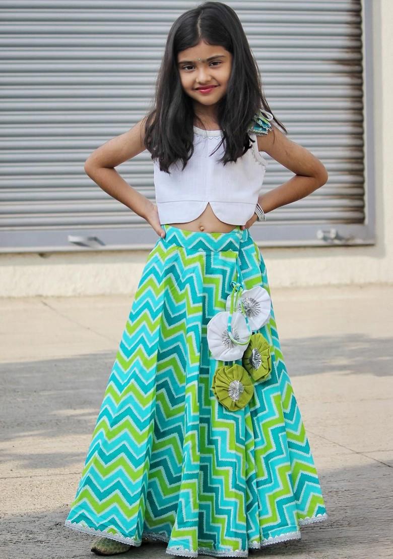 Green Embroidered Cotton Blend Lehenga Choli For Girls - Indya