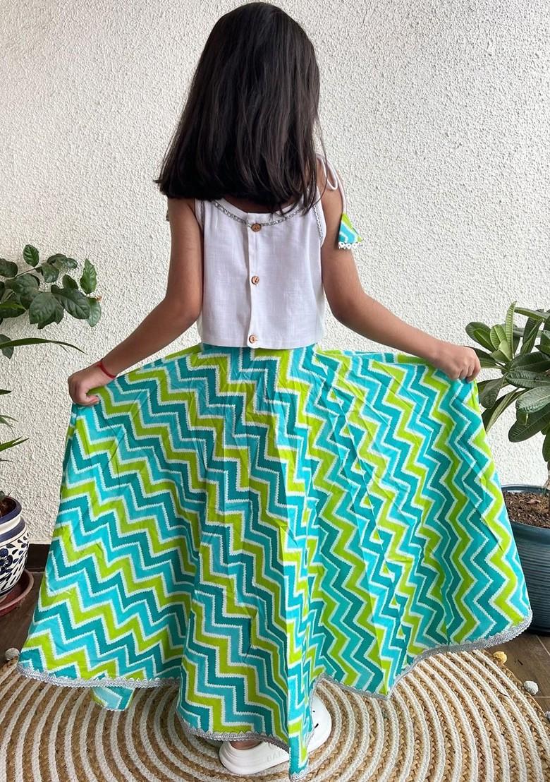 Green Embroidered Cotton Blend Lehenga Choli For Girls - Indya