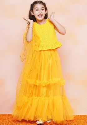 Yellow Embroidered Georgette Lehenga Choli For Girls