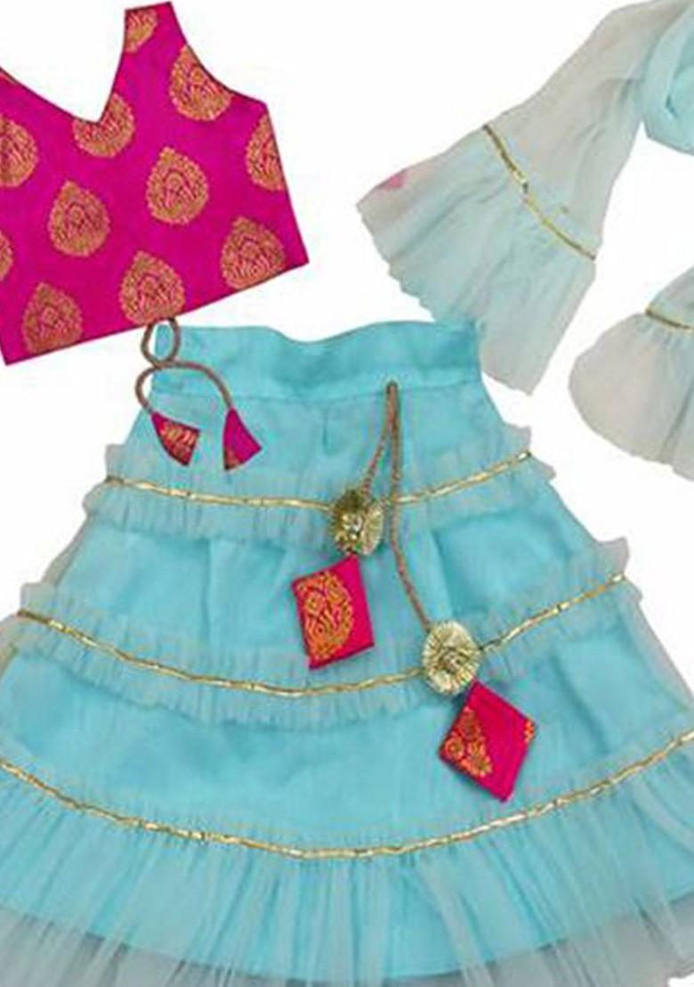 Sea Green Embroidered Blended Lehenga Choli For Girls - Indya