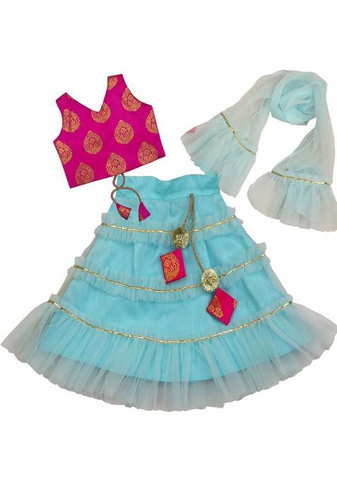 Sea Green Embroidered Blended Lehenga Choli For Girls — view on Indya
