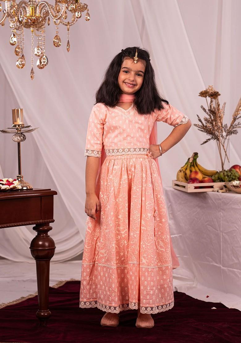 Pink Printed Cotton Blend Lehenga Choli For Girls - Indya