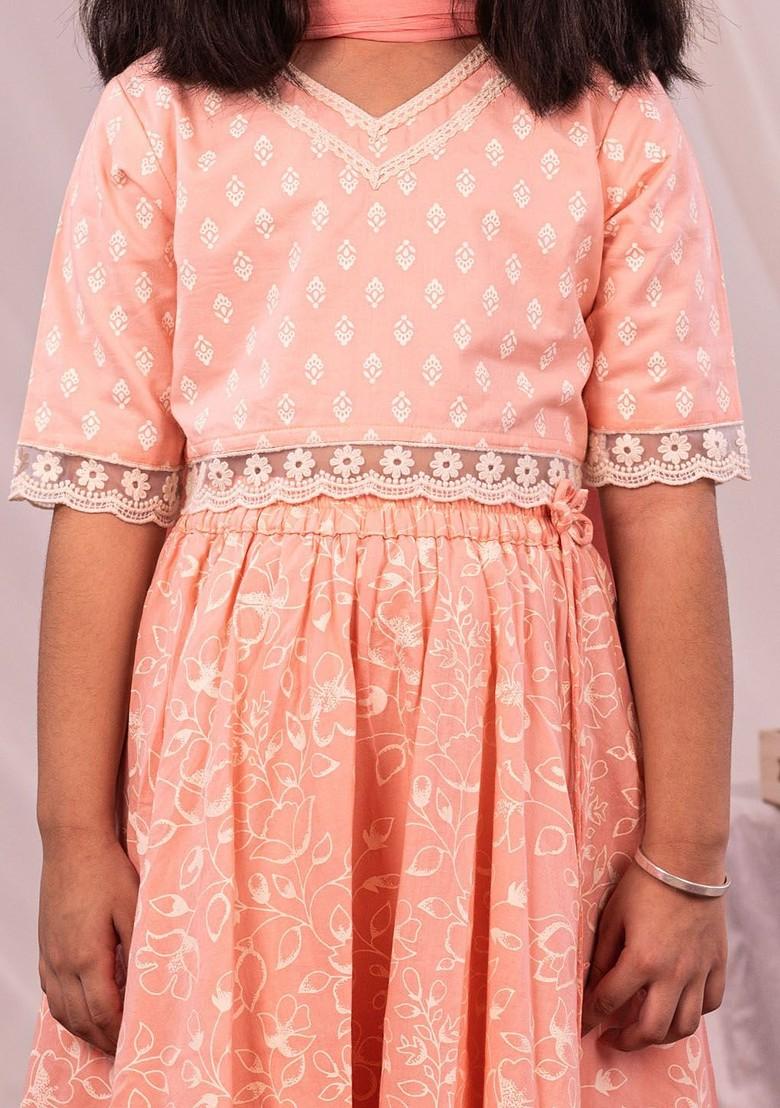 Pink Printed Cotton Blend Lehenga Choli For Girls - Indya