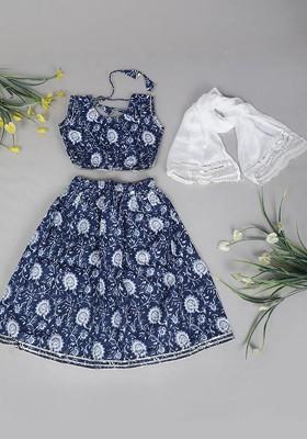 Blue Printed Blended Lehenga Choli For Girls
