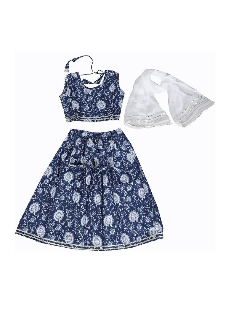 Blue Printed Blended Lehenga Choli For Girls - Indya
