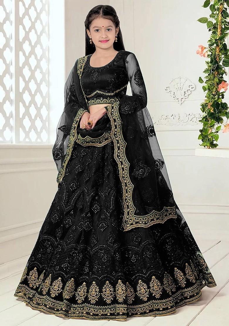 Black Embroidered Blended Lehenga Choli For Girls - Indya