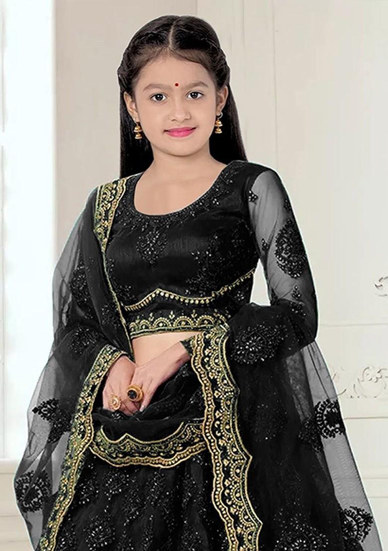 Black Embroidered Blended Lehenga Choli For Girls - Indya