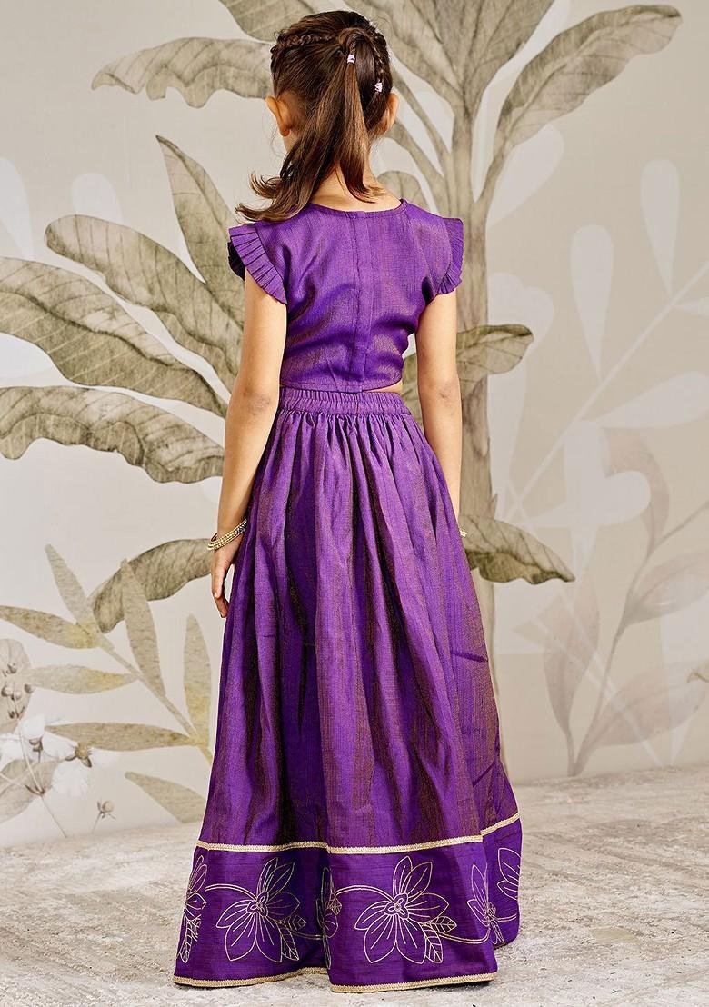 Purple Embroidered Blended Lehenga Choli For Girls - Indya