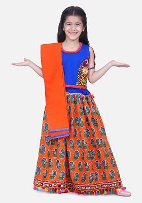 Orange Printed Blended Lehenga Choli For Girls