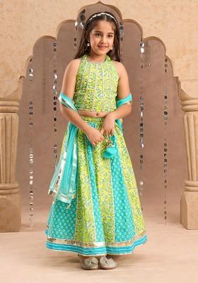 Green Printed Cotton Blend Lehenga Choli For Girls