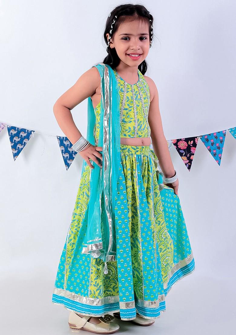 Green Printed Cotton Blend Lehenga Choli For Girls - Indya